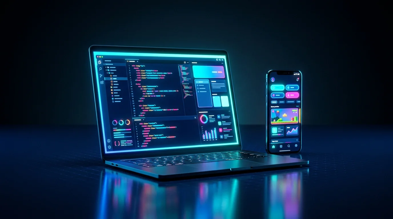 Laptop and smartphone displaying dark-mode code interfaces built by Codecrafix