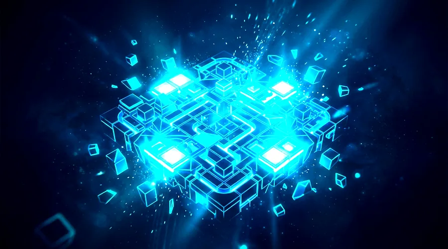 Interactive game artwork — glowing neon geometric puzzle grid on a dark background
