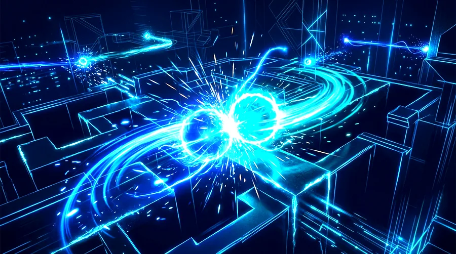 Action puzzle game artwork — neon cyan energy orbs and holographic geometry in a dark arena