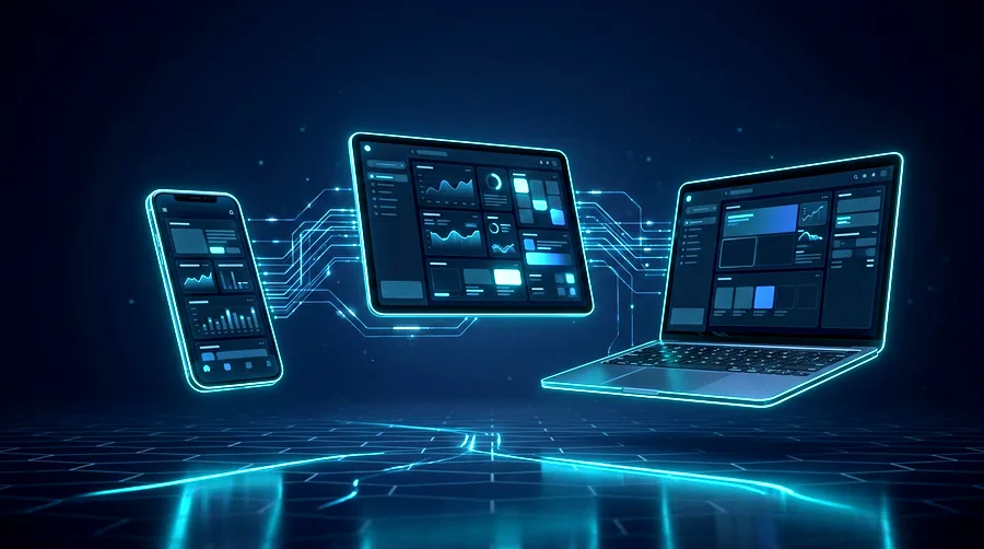 Codecrafix platform hub — connected phone, tablet and laptop screens on a dark navy background